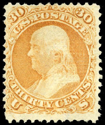 Costs of US Stamp Scott Catalogue # 100 - 1868 30c Franklin Grill. Matthew Bennett International, Jun 2008, Sale 328, Lot 590