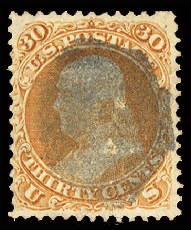 Value of US Stamp Scott #100: 30c 1868 Franklin Grill. Cherrystone Auctions, May 2013, Sale 201305, Lot 70