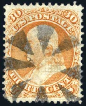 US Stamps Value Scott Cat. 100 - 1868 30c Franklin Grill. Harmer-Schau Auction Galleries, Jun 2008, Sale 78, Lot 1340