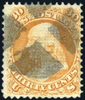 Values of US Stamp Scott Cat. # 100: 1868 30c Franklin Grill. Harmer-Schau Auction Galleries, Mar 2011, Sale 89, Lot 150