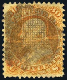 Values of US Stamps Scott #100 - 30c 1868 Franklin Grill. Harmer-Schau Auction Galleries, Jan 2013, Sale 96, Lot 450