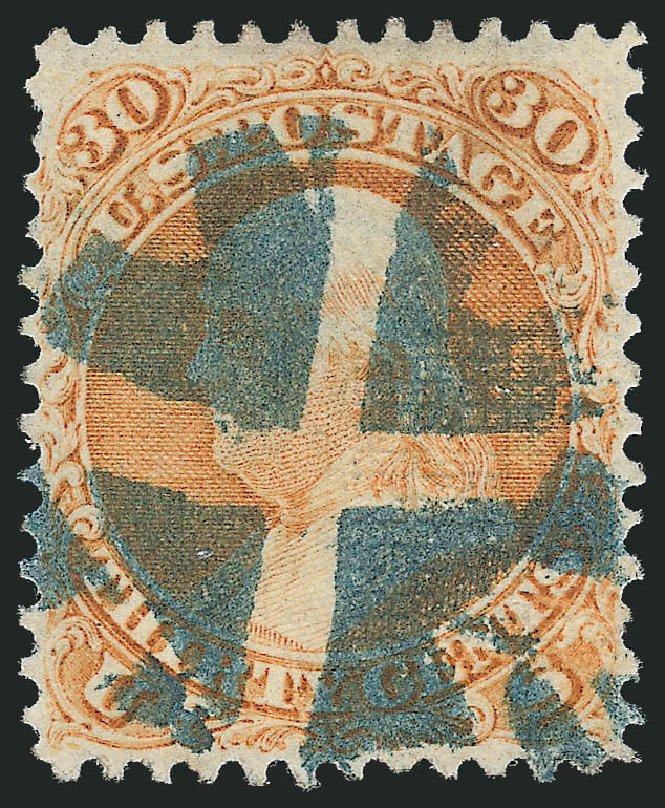 US Stamp Values Scott Catalogue 100: 30c 1868 Franklin Grill. Robert Siegel Auction Galleries, Oct 2011, Sale 1014, Lot 1260