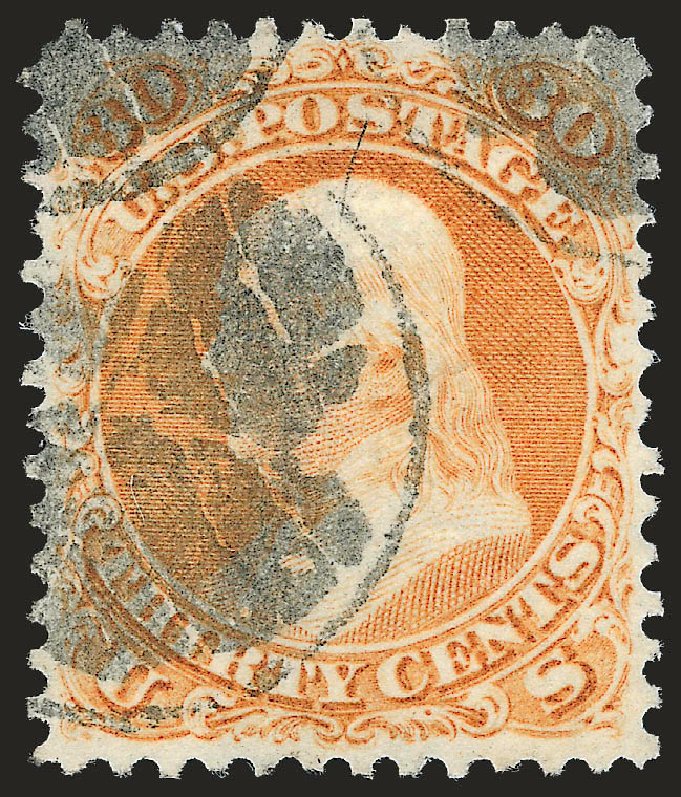 US Stamp Values Scott Catalogue # 100: 1868 30c Franklin Grill. Robert Siegel Auction Galleries, Apr 2010, Sale 984, Lot 350