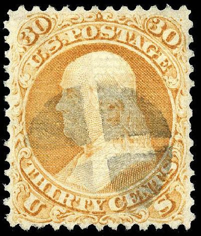 Values of US Stamp Scott Cat. 100 - 1868 30c Franklin Grill. Matthew Bennett International, Apr 2008, Sale 326, Lot 111