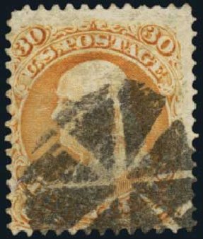 US Stamps Value Scott Catalogue 100: 30c 1868 Franklin Grill. Harmer-Schau Auction Galleries, Oct 2011, Sale 91, Lot 191
