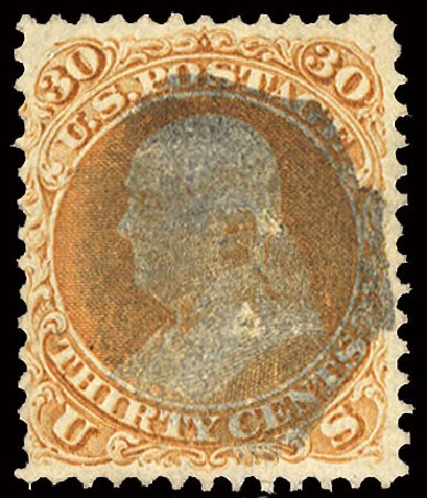 US Stamp Value Scott Catalogue 100 - 30c 1868 Franklin Grill. Cherrystone Auctions, Nov 2010, Sale 201011, Lot 94