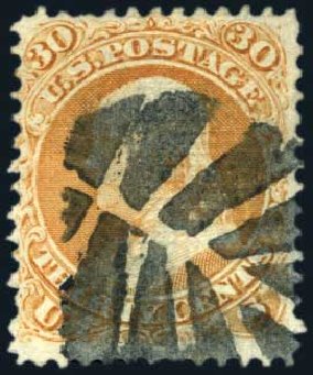 Values of US Stamps Scott 100 - 1868 30c Franklin Grill. Harmer-Schau Auction Galleries, Aug 2011, Sale 90, Lot 1254