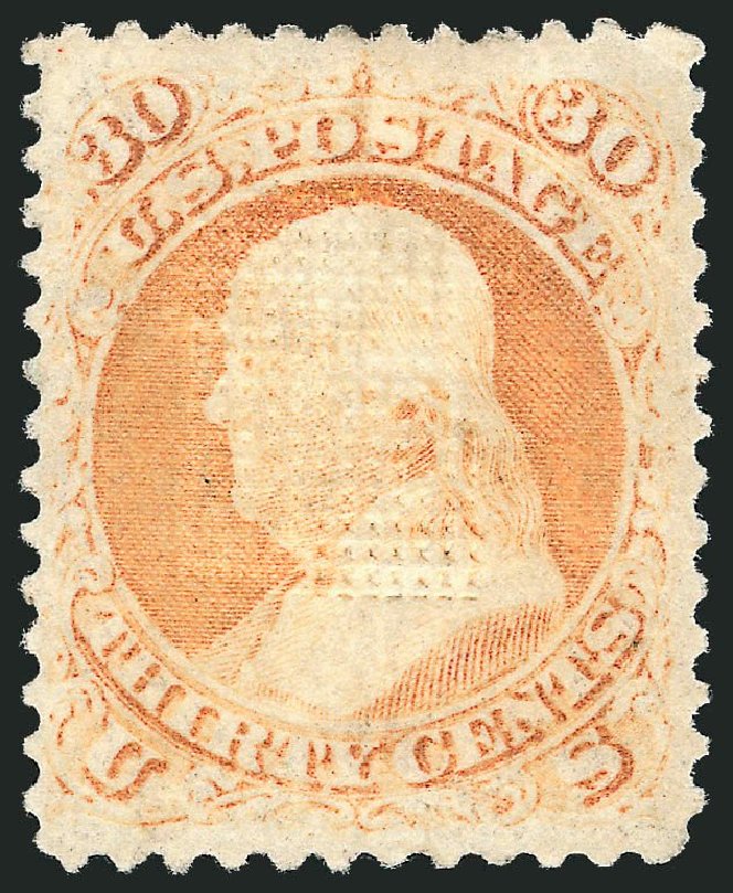 US Stamp Value Scott Catalog #100: 1868 30c Franklin Grill. Robert Siegel Auction Galleries, Nov 2013, Sale 1057, Lot 664