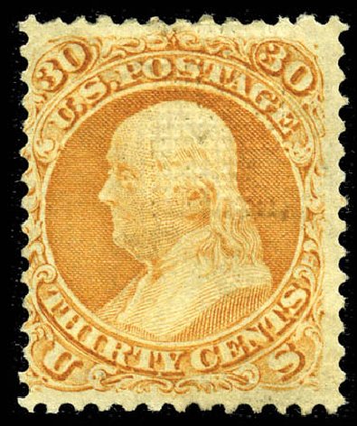 Cost of US Stamps Scott Catalog 100 - 1868 30c Franklin Grill. Matthew Bennett International, Feb 2012, Sale 340, Lot 195