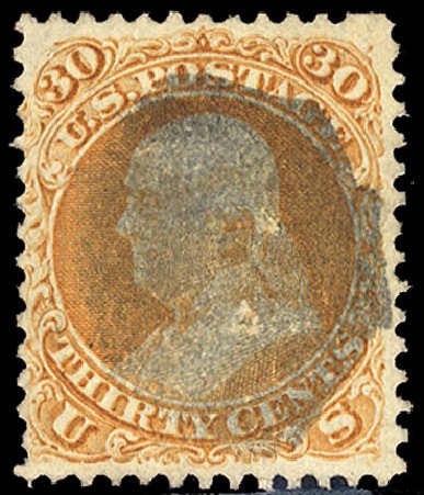 US Stamps Prices Scott Catalog # 100 - 1868 30c Franklin Grill. Cherrystone Auctions, Jan 2009, Sale 200901, Lot 115