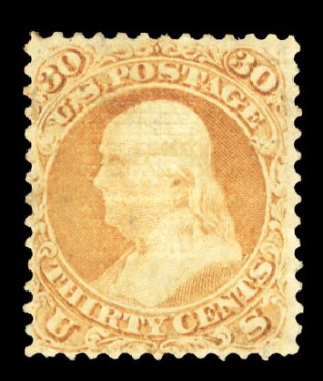 Value of US Stamp Scott # 100 - 30c 1868 Franklin Grill. Cherrystone Auctions, Oct 2012, Sale 201210, Lot 75