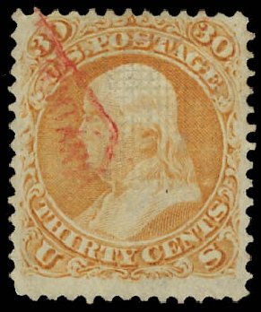 US Stamps Value Scott Catalog 100 - 30c 1868 Franklin Grill. Daniel Kelleher Auctions, Apr 2012, Sale 629, Lot 195