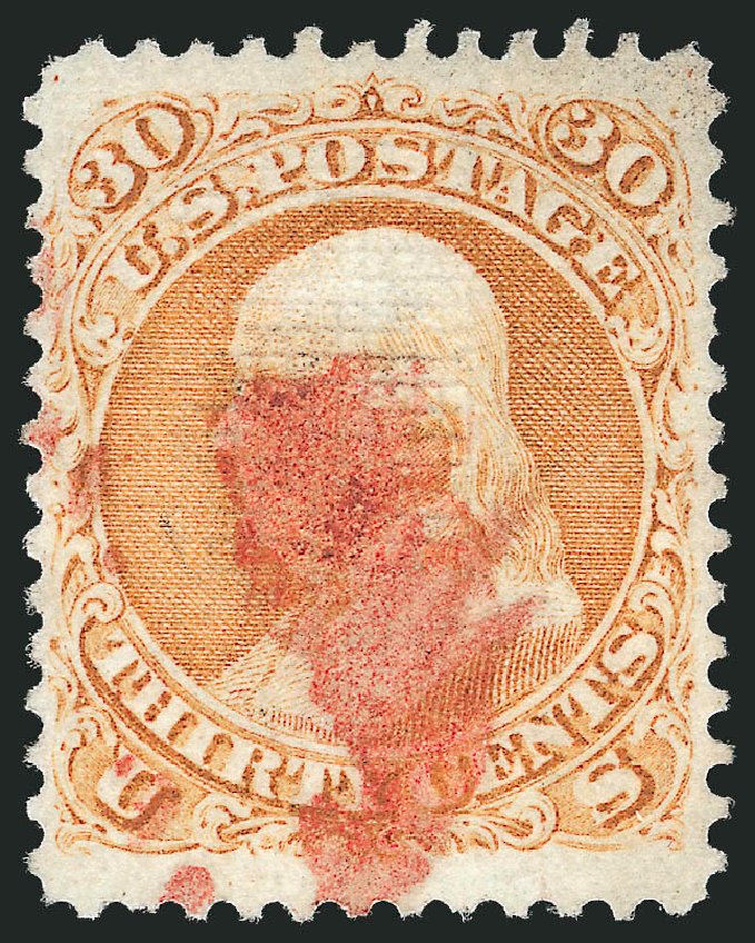 US Stamps Prices Scott Catalogue 100 - 1868 30c Franklin Grill. Robert Siegel Auction Galleries, Oct 2012, Sale 1033, Lot 4055