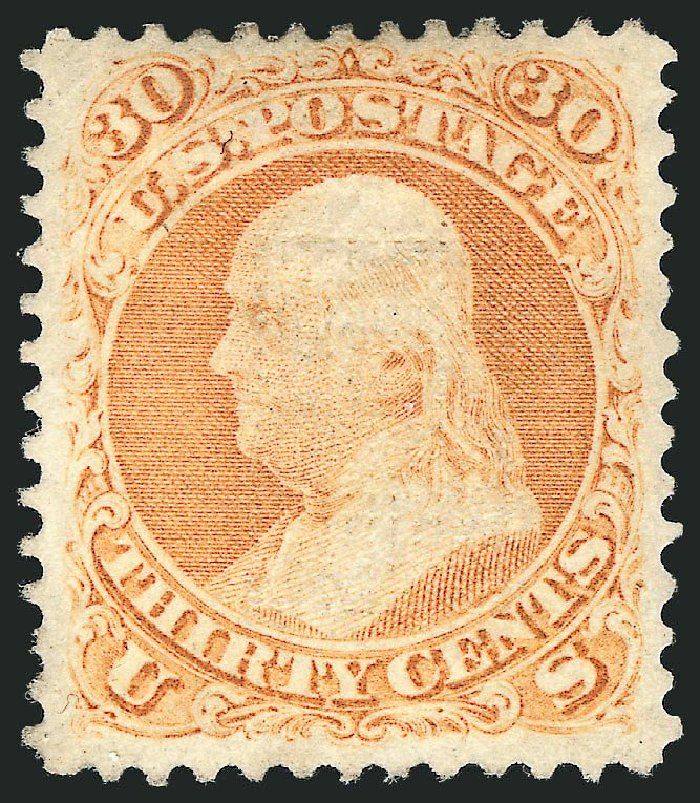 US Stamps Value Scott 100: 1868 30c Franklin Grill. Robert Siegel Auction Galleries, Mar 2013, Sale 1040, Lot 1345