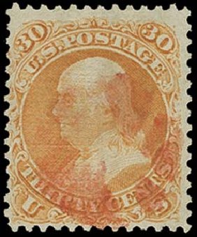 Values of US Stamps Scott Catalog #100: 30c 1868 Franklin Grill. H.R. Harmer, Oct 2014, Sale 3006, Lot 1152