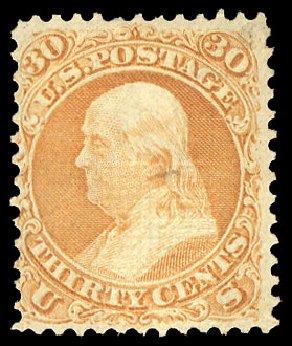 Value of US Stamp Scott # 100: 30c 1868 Franklin Grill. Cherrystone Auctions, Apr 2009, Sale 200904, Lot 23