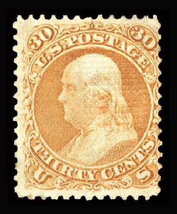 US Stamp Prices Scott 100: 30c 1868 Franklin Grill. Cherrystone Auctions, May 2015, Sale 201505, Lot 13