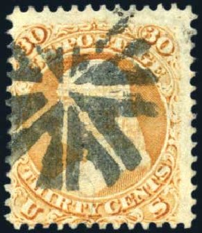 Cost of US Stamps Scott Cat. # 100 - 30c 1868 Franklin Grill. Harmer-Schau Auction Galleries, Aug 2011, Sale 90, Lot 1253