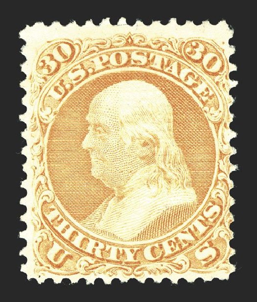 Cost of US Stamp Scott Cat. # 100 - 1868 30c Franklin Grill. Spink Shreves Galleries, Mar 2013, Sale 142, Lot 183