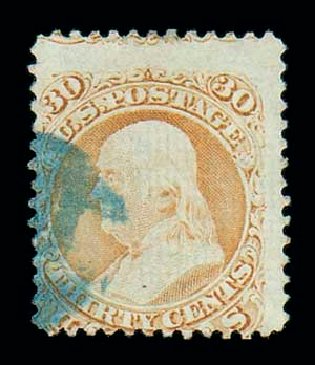 Value of US Stamps Scott Catalogue 100: 1868 30c Franklin Grill. Matthew Bennett International, Jun 2007, Sale 319, Lot 1136