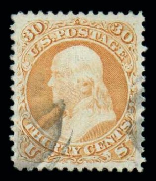 US Stamps Value Scott # 100: 1868 30c Franklin Grill. Matthew Bennett International, Oct 2007, Sale 320, Lot 416
