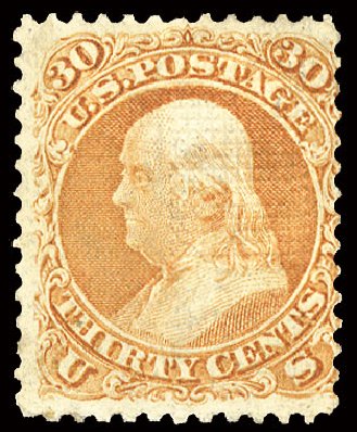 Value of US Stamps Scott Cat. # 100 - 30c 1868 Franklin Grill. Cherrystone Auctions, Nov 2008, Sale 200811, Lot 1046