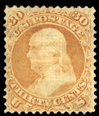 US Stamp Value Scott Catalogue #100: 1868 30c Franklin Grill. Cherrystone Auctions, Apr 2010, Sale 201004, Lot 136