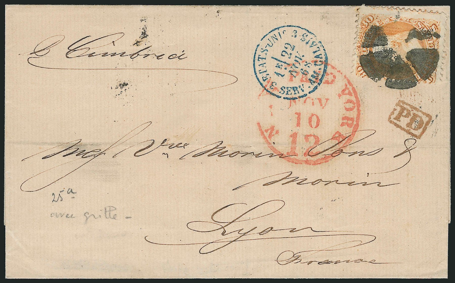 US Stamps Value Scott Catalogue 100: 1868 30c Franklin Grill. Robert Siegel Auction Galleries, Nov 2014, Sale 1084, Lot 3296