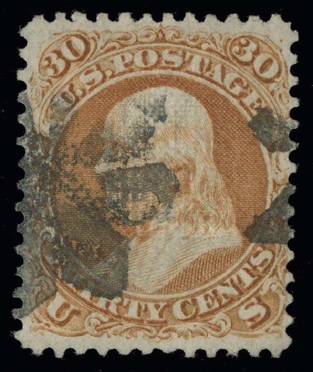 Costs of US Stamp Scott Catalogue 100: 1868 30c Franklin Grill. Spink Shreves Galleries, Aug 2013, Sale 144, Lot 146