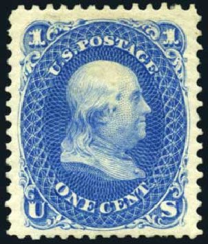 US Stamp Values Scott Catalogue 102 - 1c 1875 Franklin Without Grill. Harmer-Schau Auction Galleries, Oct 2008, Sale 79, Lot 88