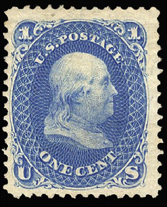 US Stamp Prices Scott Cat. 102 - 1875 1c Franklin Without Grill. Cherrystone Auctions, Sep 2010, Sale 201009, Lot 41