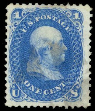 US Stamp Values Scott Catalogue # 102: 1c 1875 Franklin Without Grill. Daniel Kelleher Auctions, Sep 2013, Sale 639, Lot 3211