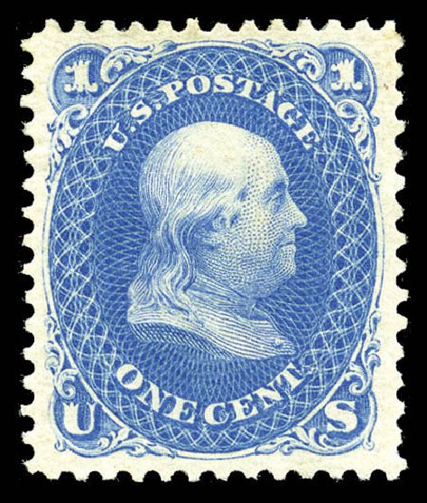 Values of US Stamp Scott Catalogue 102: 1c 1875 Franklin Without Grill. Matthew Bennett International, Sep 2012, Sale 345, Lot 134