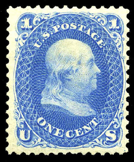 Value of US Stamps Scott Catalog 102 - 1875 1c Franklin Without Grill. Matthew Bennett International, May 2014, Sale 350, Lot 184