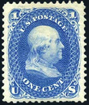 US Stamps Values Scott Catalog # 102: 1c 1875 Franklin Without Grill. Harmer-Schau Auction Galleries, Jun 2008, Sale 78, Lot 1344