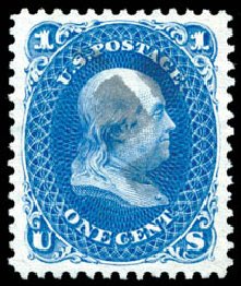 US Stamps Value Scott 102 - 1875 1c Franklin Without Grill. Schuyler J. Rumsey Philatelic Auctions, Apr 2015, Sale 60, Lot 2072