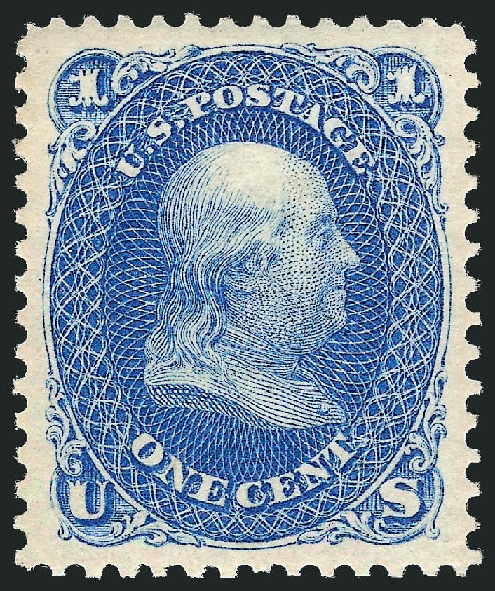 US Stamps Values Scott # 102 - 1875 1c Franklin Without Grill. Robert Siegel Auction Galleries, Dec 2009, Sale 978, Lot 1022