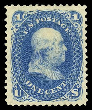 US Stamps Prices Scott Catalog 102 - 1875 1c Franklin Without Grill. Daniel Kelleher Auctions, Dec 2012, Sale 633, Lot 403