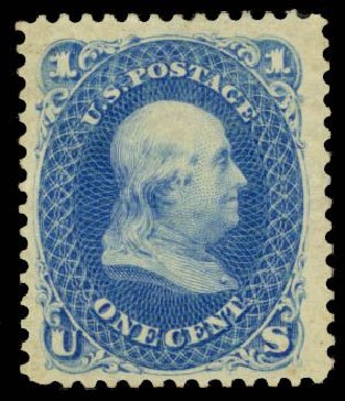 US Stamp Value Scott #102 - 1c 1875 Franklin Without Grill. Daniel Kelleher Auctions, Sep 2013, Sale 639, Lot 1043