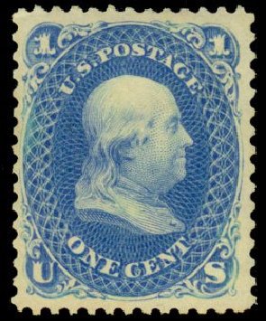 US Stamp Values Scott Catalog # 102: 1c 1875 Franklin Without Grill. Daniel Kelleher Auctions, Dec 2013, Sale 640, Lot 123