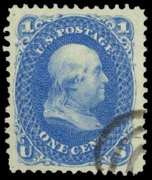 US Stamp Value Scott Cat. 102 - 1c 1875 Franklin Without Grill. Daniel Kelleher Auctions, May 2014, Sale 652, Lot 223