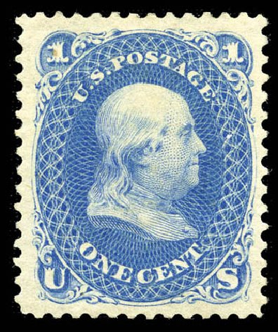 US Stamp Prices Scott Catalog 102 - 1875 1c Franklin Without Grill. Matthew Bennett International, Feb 2012, Sale 340, Lot 196