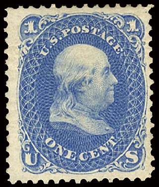 US Stamp Values Scott #102: 1875 1c Franklin Without Grill. Cherrystone Auctions, Nov 2010, Sale 201011, Lot 96