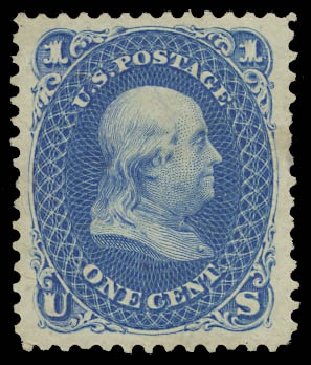 US Stamp Values Scott Catalog #102 - 1c 1875 Franklin Without Grill. Daniel Kelleher Auctions, Jul 2011, Sale 625, Lot 736