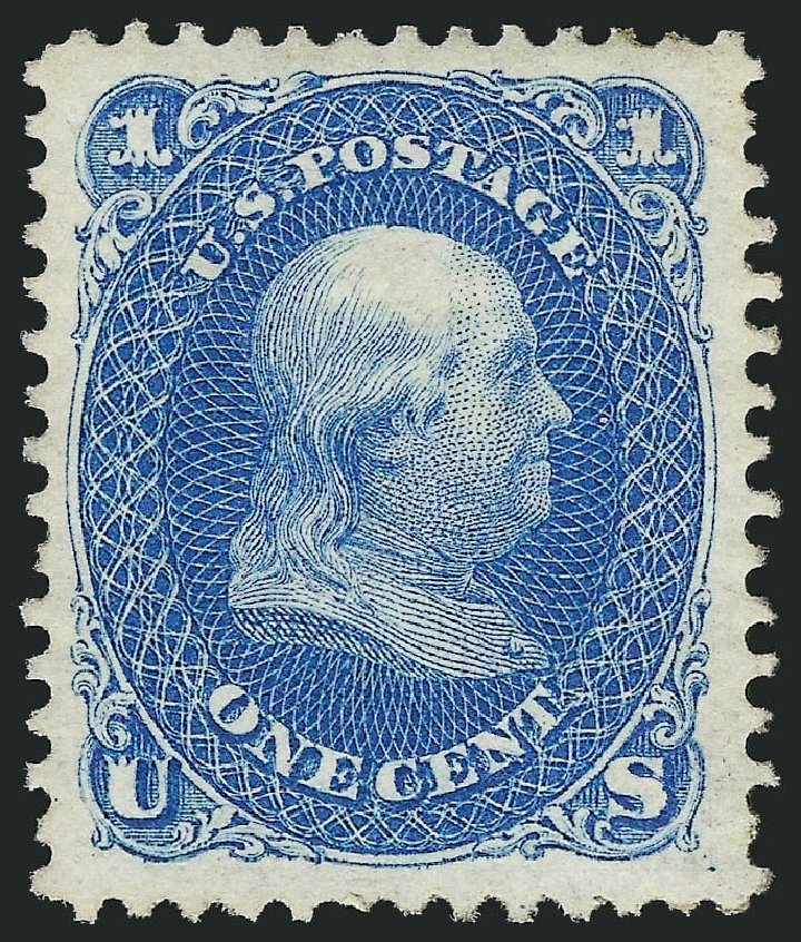 US Stamp Values Scott Cat. #102: 1875 1c Franklin Without Grill. Robert Siegel Auction Galleries, Apr 2014, Sale 1068, Lot 116