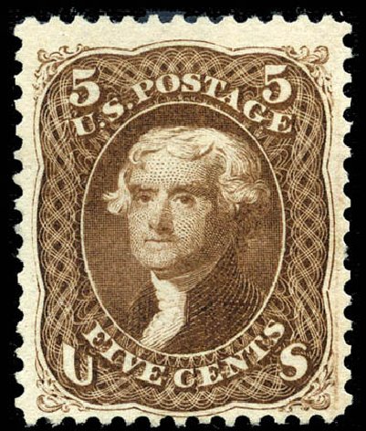 Costs of US Stamps Scott Catalog # 105 - 5c 1875 Jefferson Without Grill. Matthew Bennett International, Mar 2012, Sale 344, Lot 4307