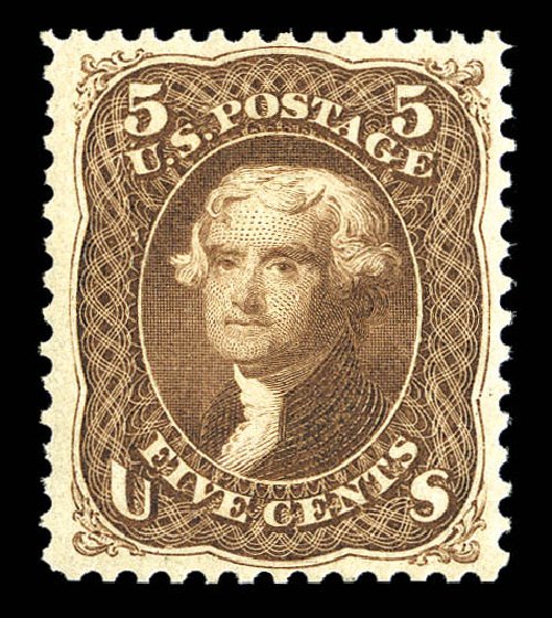 US Stamps Value Scott Catalog 105 - 1875 5c Jefferson Without Grill. Matthew Bennett International, Sep 2012, Sale 345, Lot 137