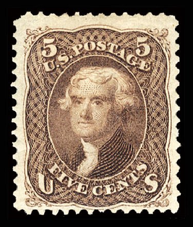 Values of US Stamps Scott Catalogue # 105: 1875 5c Jefferson Without Grill. Cherrystone Auctions, Jul 2013, Sale 201307, Lot 27