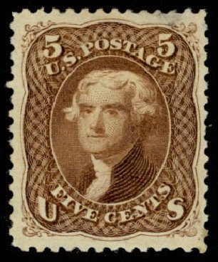 US Stamp Values Scott Cat. #105 - 1875 5c Jefferson Without Grill. Daniel Kelleher Auctions, Apr 2013, Sale 636, Lot 127