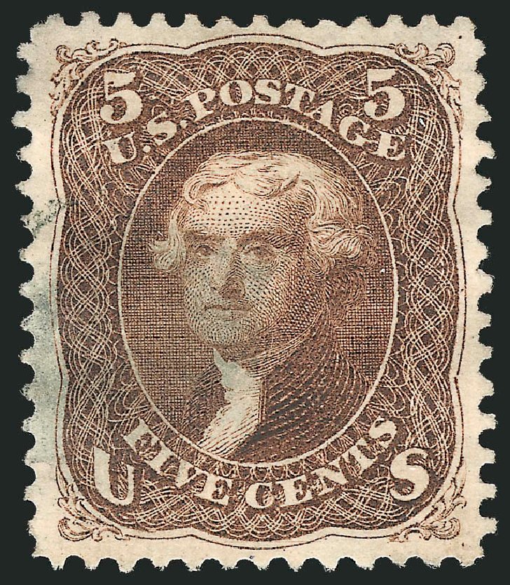 US Stamps Values Scott Cat. 105: 5c 1875 Jefferson Without Grill. Robert Siegel Auction Galleries, Dec 2010, Sale 1000, Lot 1077